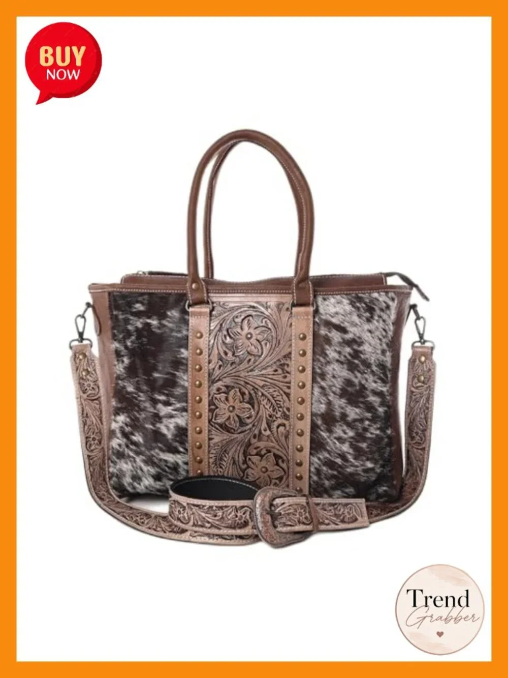 Vintage Cowhide Leather Tote Bag with Adjustable Strap